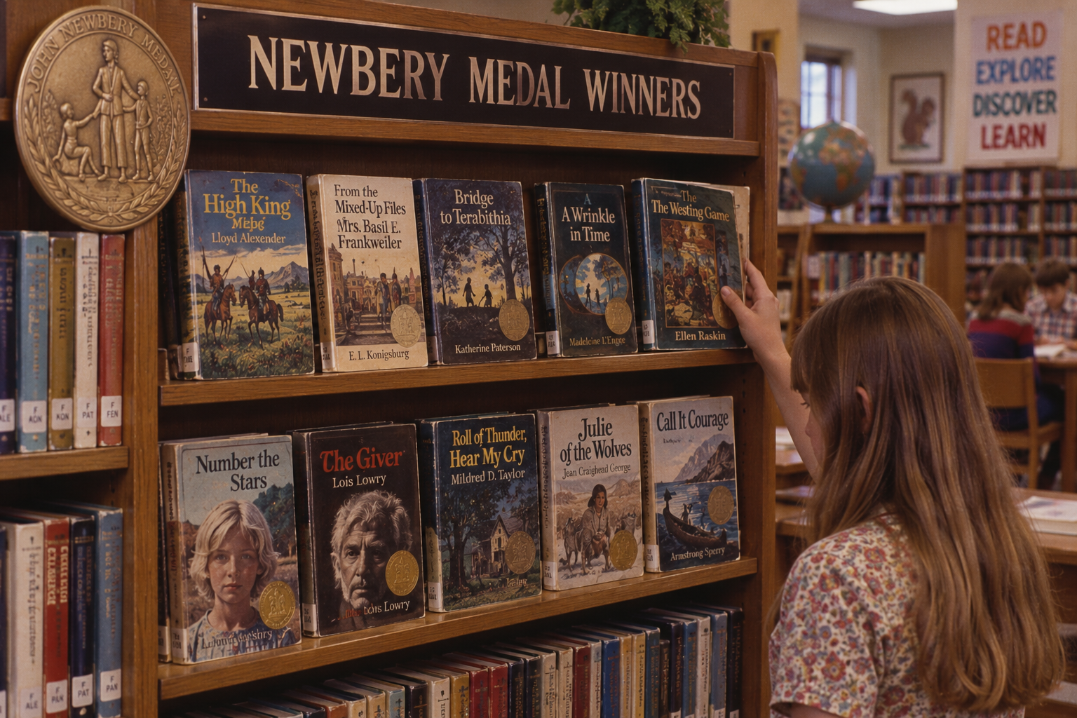 A young girl reaches for a book on a library shelf displaying a sign for Newbery Medal Winners and several award-winning titles.