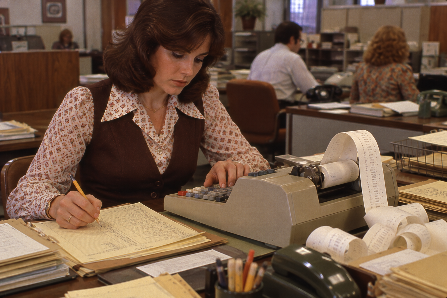 A woman at an office desk using a ten-key printing calculator while reviewing a ledger.