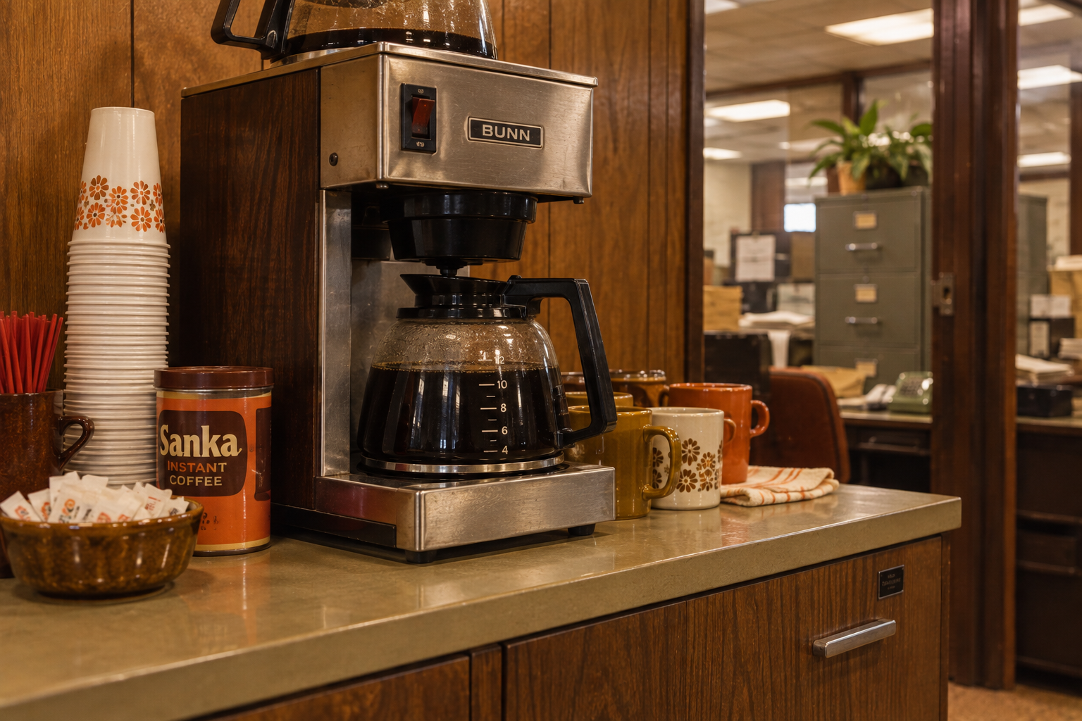 A Bunn coffee maker on a counter next to a stack of paper cups, a tin of Sanka instant coffee, and several mugs.