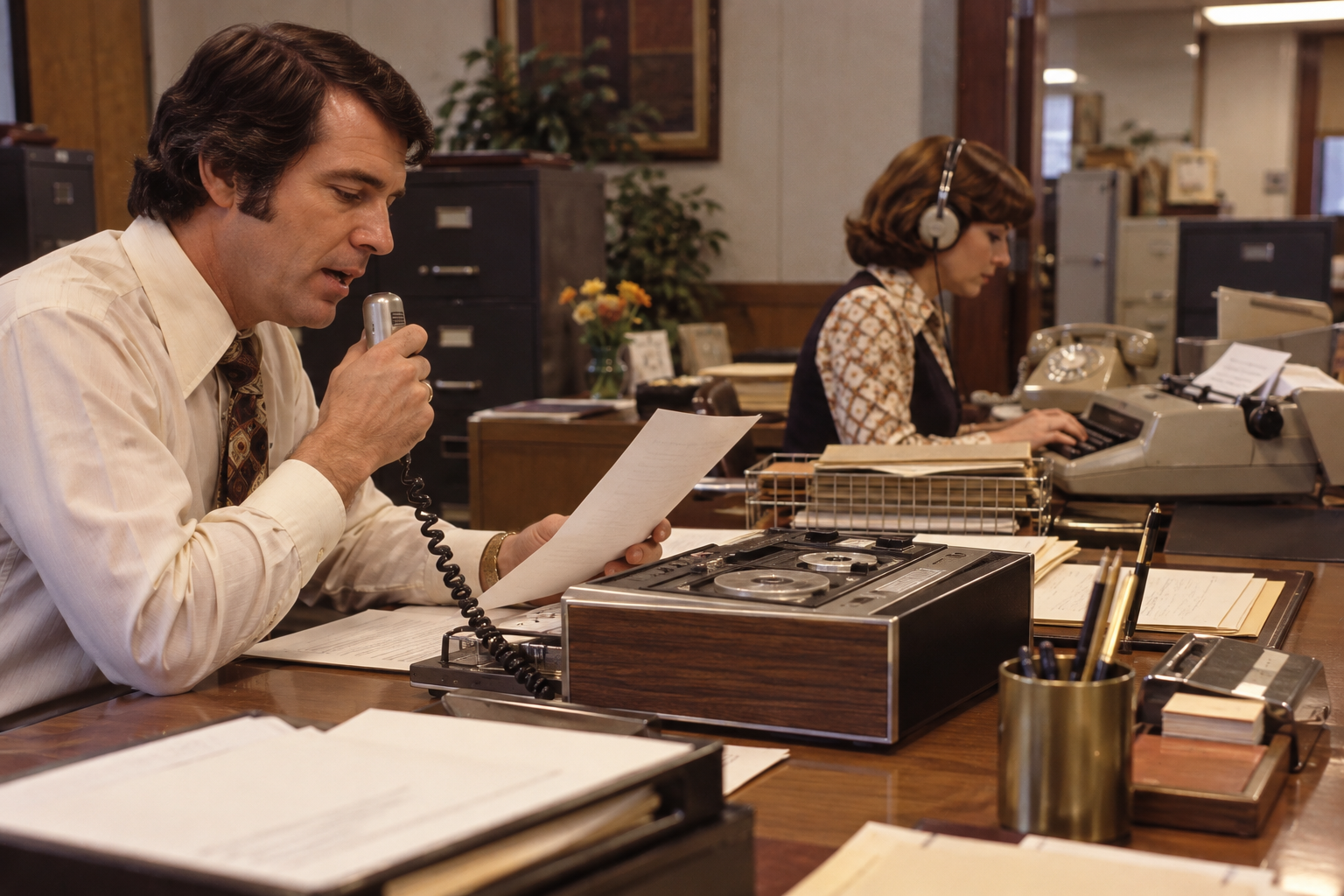 A man in an office speaks into a reel-to-reel tape recorder microphone while reading a document, as a woman nearby works at a typewriter while wearing a headset.