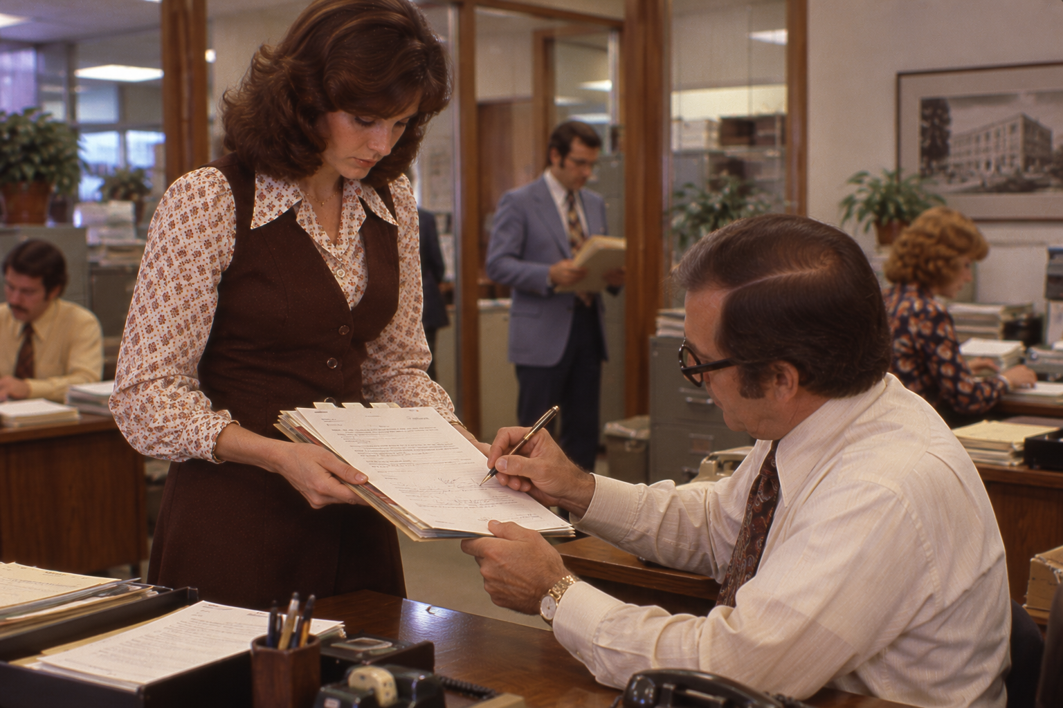 A woman presents a document for a man at a desk to sign in a busy office.