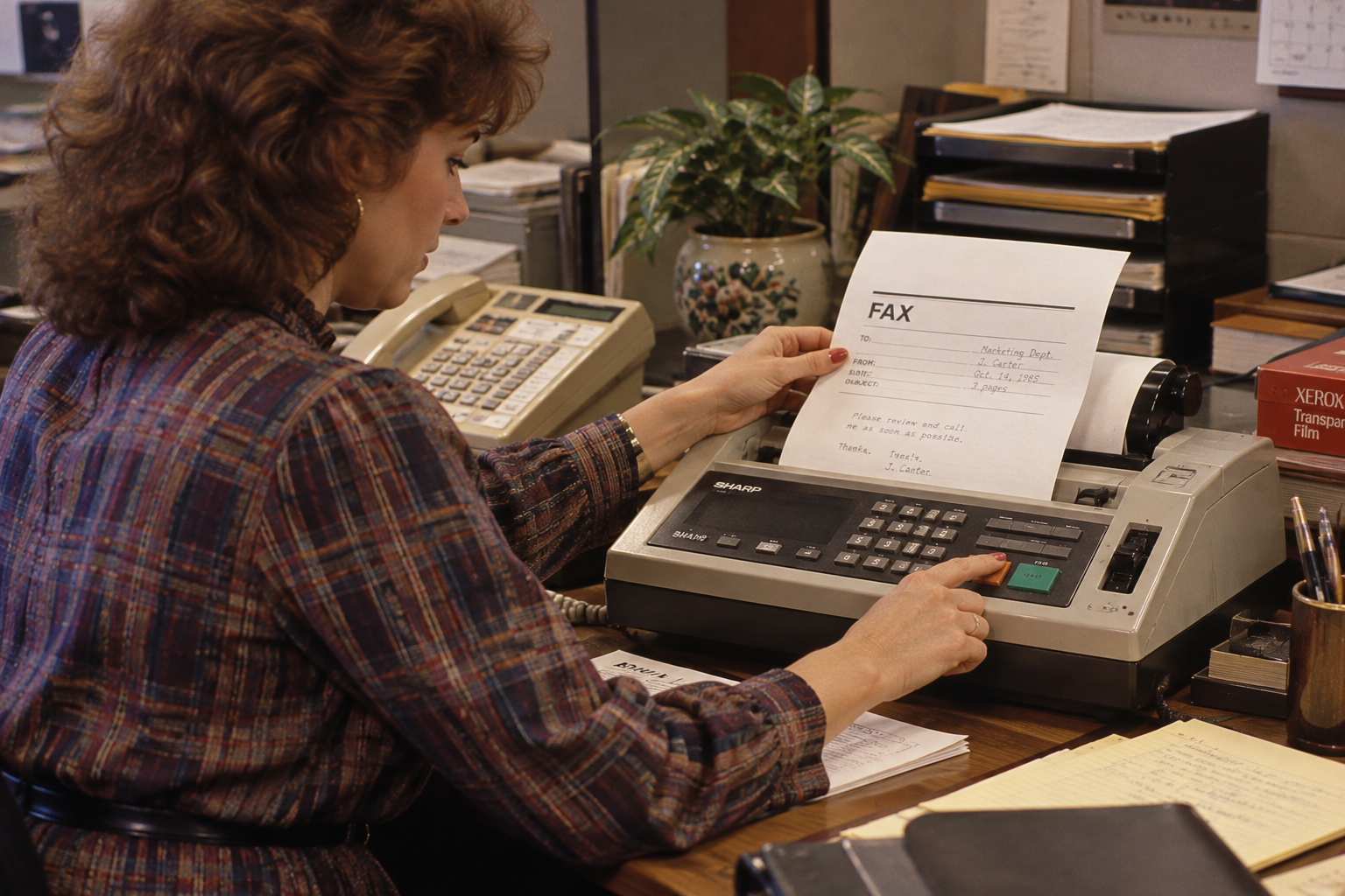A woman sits at an office desk and presses a button on a Sharp fax machine, which holds a document addressed to the Marketing Department dated October 14, 1985.