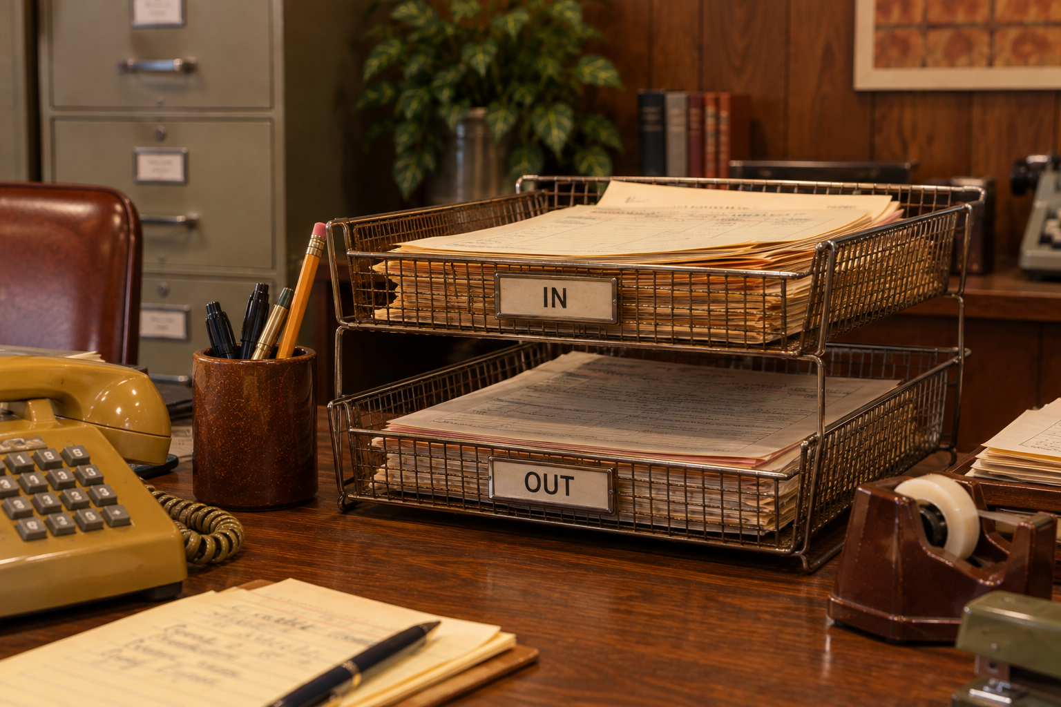 A desk with a two-tiered wire paper tray labeled “IN” and “OUT,” next to an old-fashioned rotary phone and a pen holder.