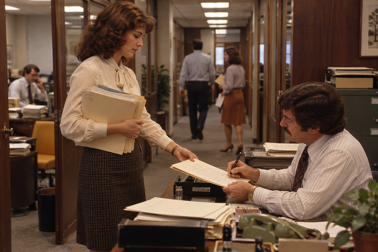 A woman hands a document to a man at an office desk as he prepares to sign it.