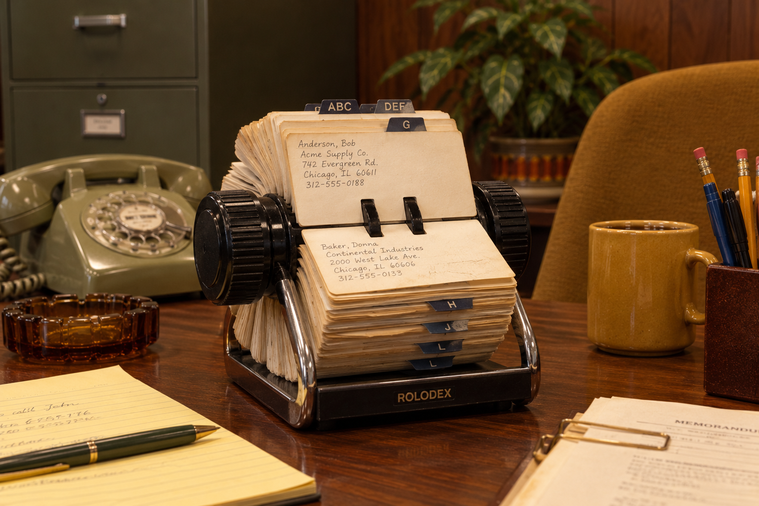 A vintage Rolodex on an office desk, showing contact information cards for Bob Anderson and Donna Baker.