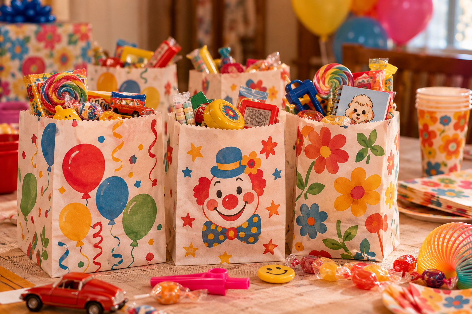 Three gift bags printed with balloons, a clown, and flowers, filled with toys and candy, sitting on a table with party favors at a 1970s birthday party.