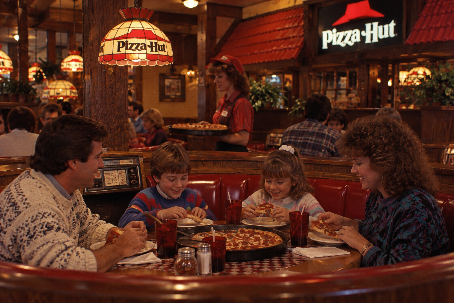 A family eats pizza in a red-booth Pizza Hut restaurant, with a server carrying a pizza in the background.