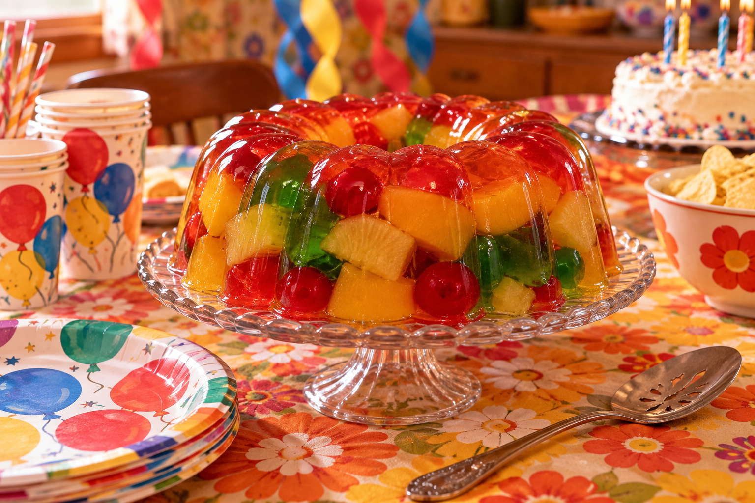 A ring-shaped gelatin mold filled with fruit chunks and cherries, served on a glass pedestal stand at a 1970s birthday party.