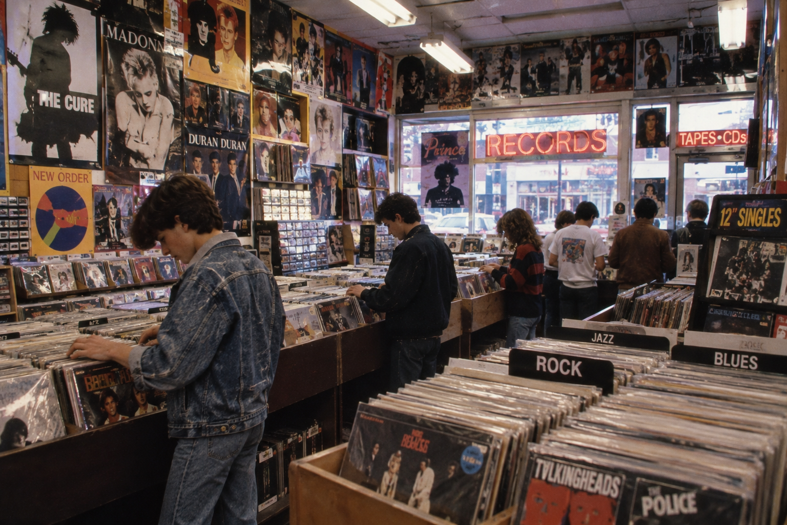 Customers browse through bins of vinyl records and CDs in a music store covered in posters of bands like The Cure, Madonna, and Duran Duran.