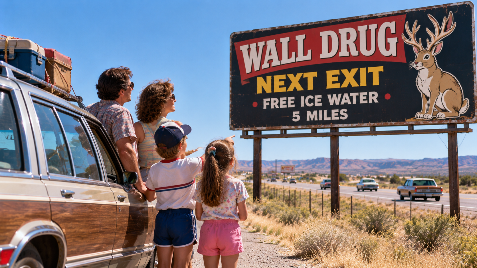 A family stands by their station wagon, looking at a large roadside billboard for Wall Drug that features a drawing of a jackalope and advertises free ice water.