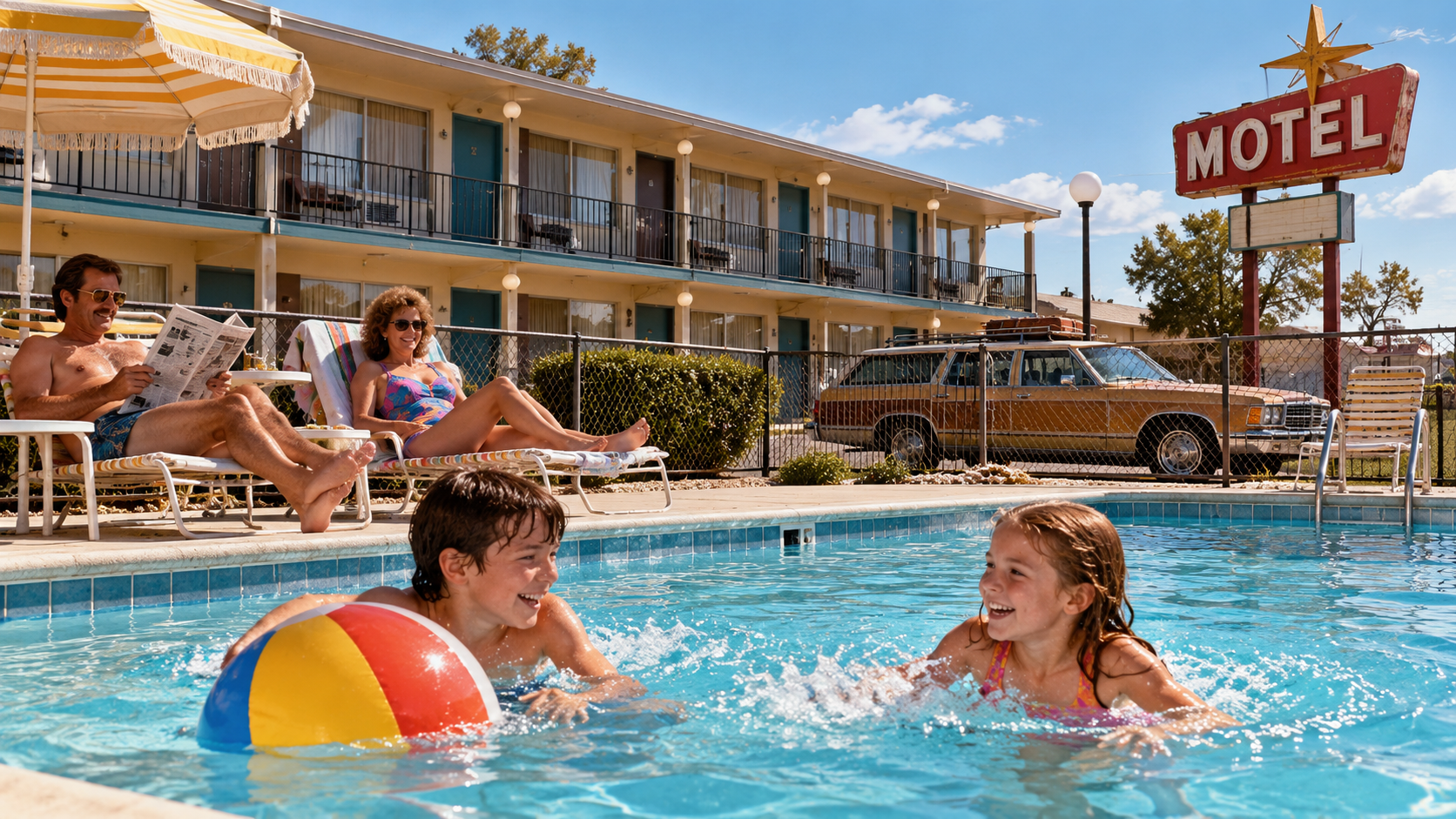 A boy and girl play with a beach ball in a motel swimming pool while two adults relax on lounge chairs nearby.