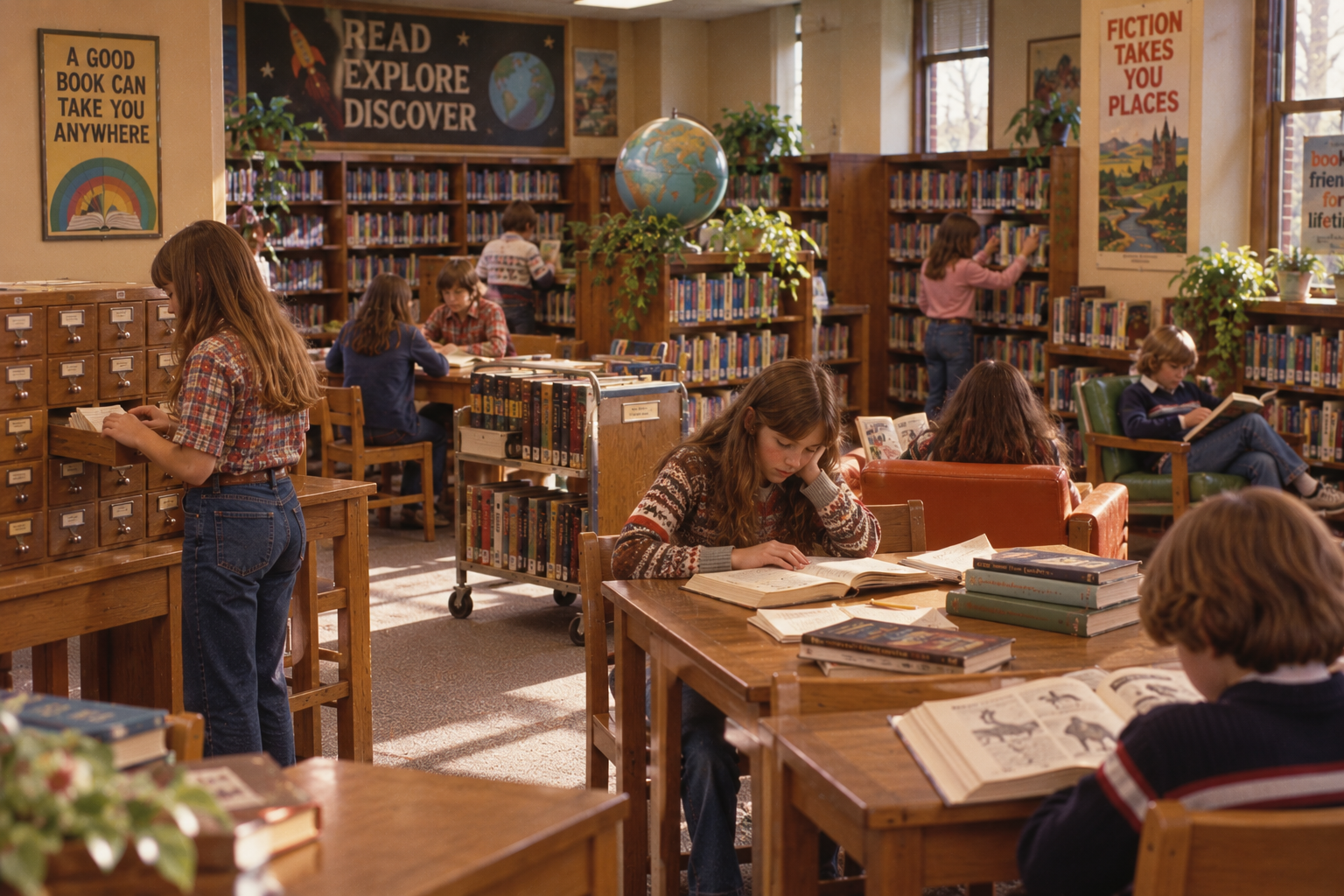 Children reading and browsing books in a school library with posters on the walls. 1970s school library.