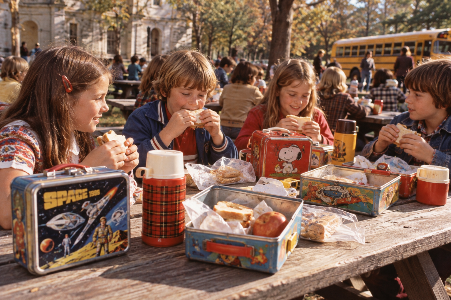 Four children eating lunch with vintage metal lunchboxes at an outdoor picnic table.