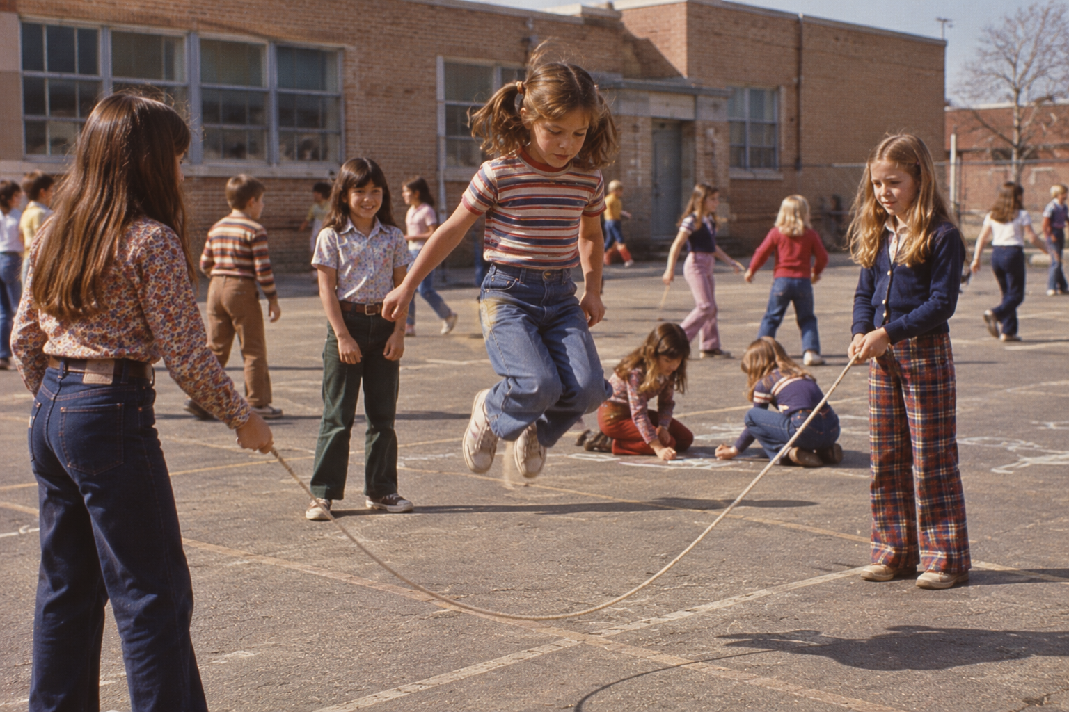 Two girls turn a jump rope while another girl jumps in the center of a schoolyard.