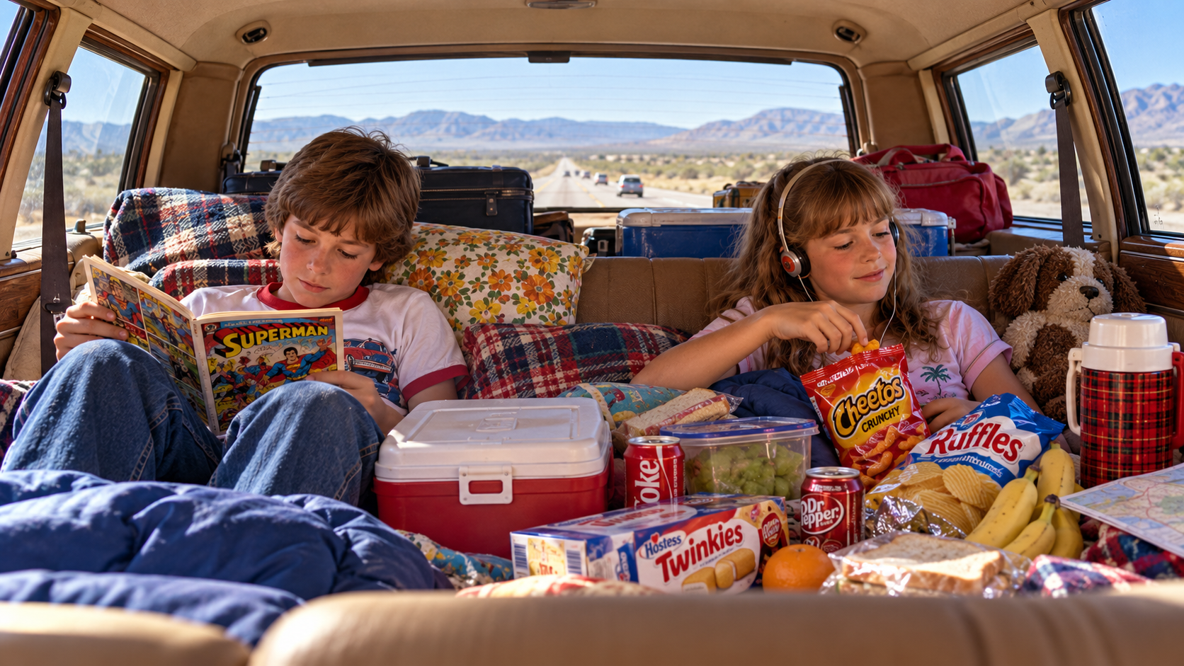 Two children sitting in the back of a station wagon on a road trip, with the boy reading a Superman comic and the girl eating Cheetos while wearing headphones.