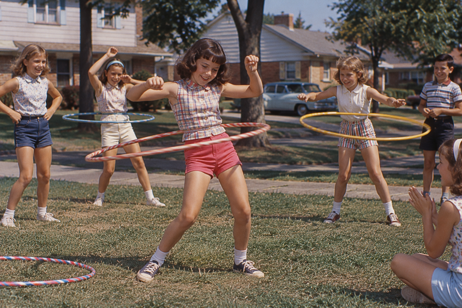 Five children play with colorful hula hoops on a suburban lawn.