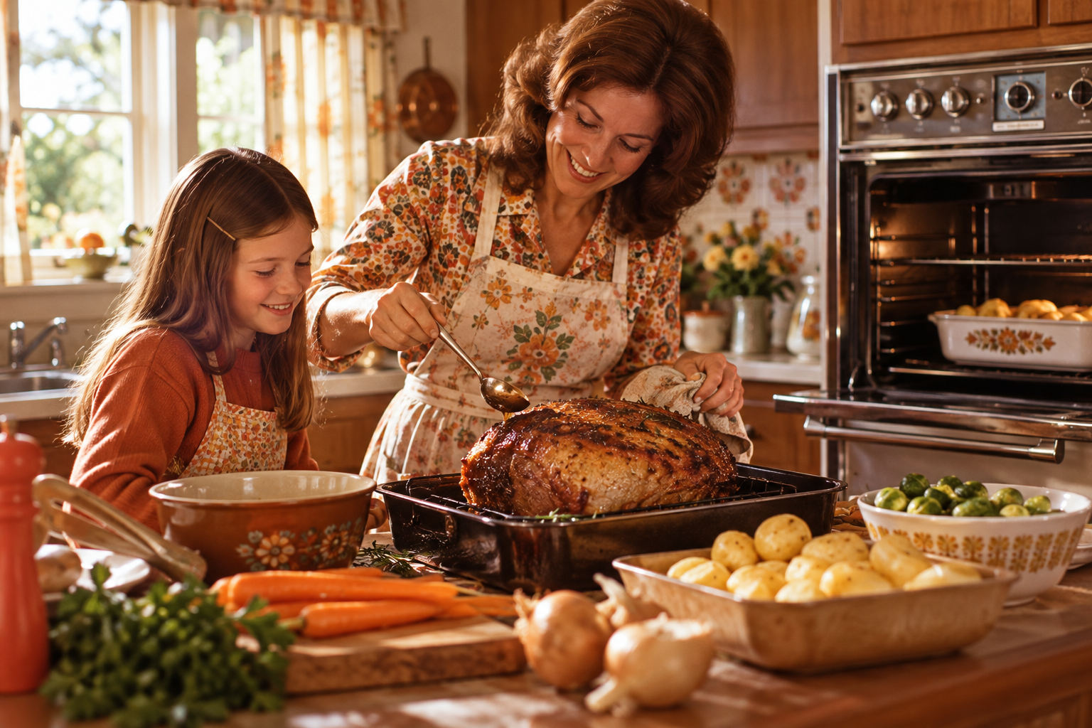 A woman and a young girl preparing a large roasted meat dish in a kitchen.
