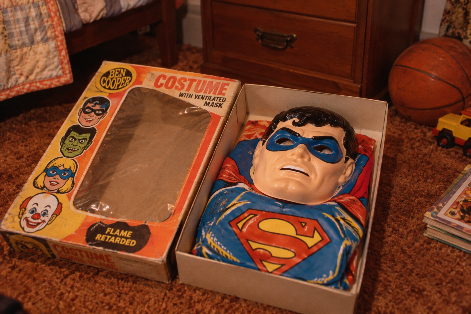 A vintage Ben Cooper Superman costume in its original box, featuring a plastic mask and a printed jumpsuit.