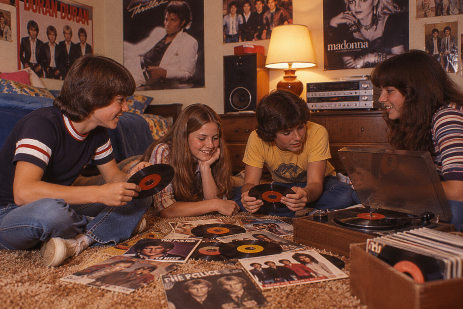 Two teenage boys and two teenage girls sitting on a bedroom floor listening to vinyl records surrounded by music posters.