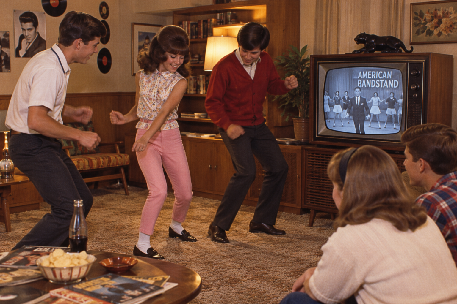 Three teenagers dance in a living room while watching American Bandstand on a vintage television, with two other teens seated nearby.