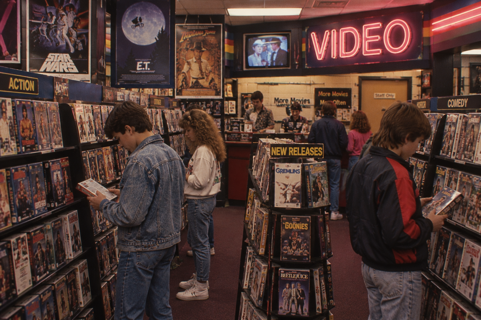 Customers browse shelves of VHS tapes in a video rental store decorated with movie posters and a neon “VIDEO” sign.
