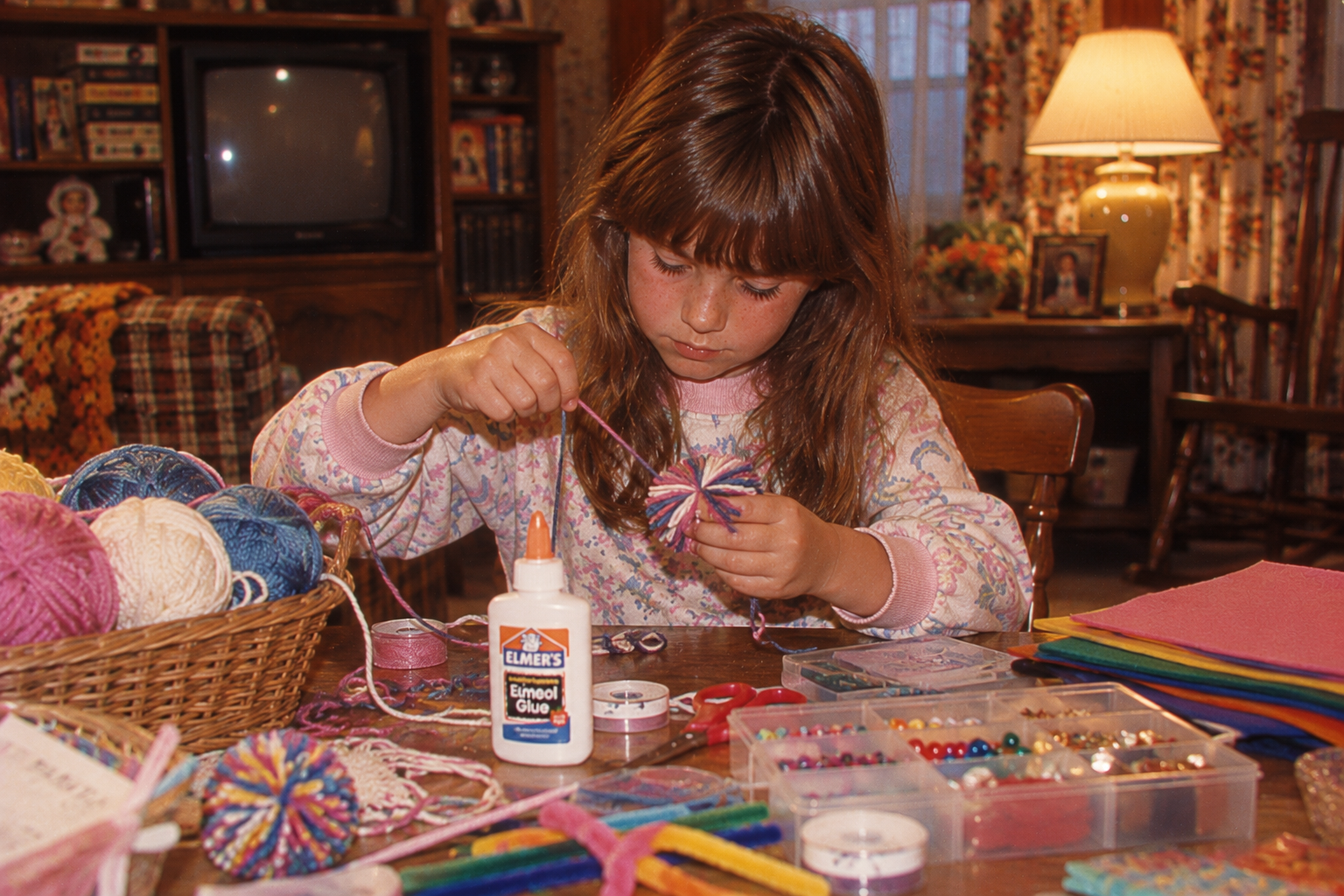 A young girl sits at a table making a yarn pom-pom, surrounded by baskets of yarn, a bottle of glue, and a craft organizer filled with beads.