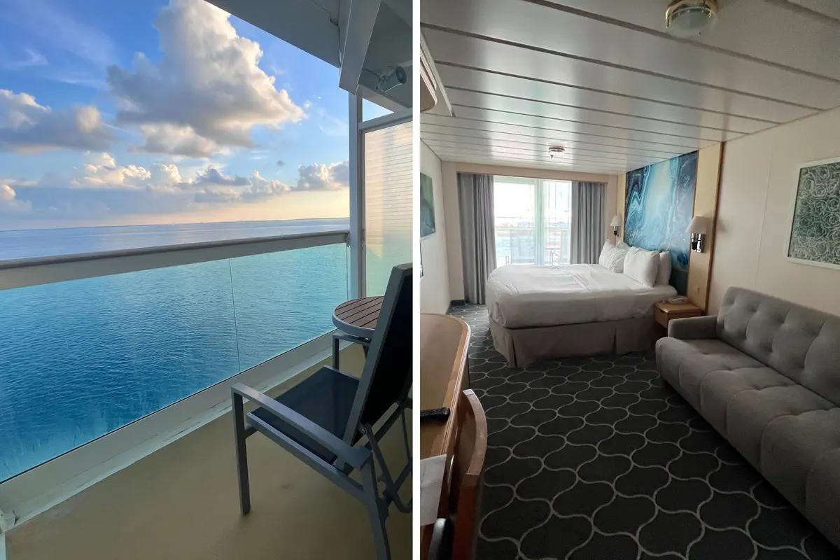 A cruise ship stateroom with a queen bed, a sofa, and a private balcony overlooking the ocean.