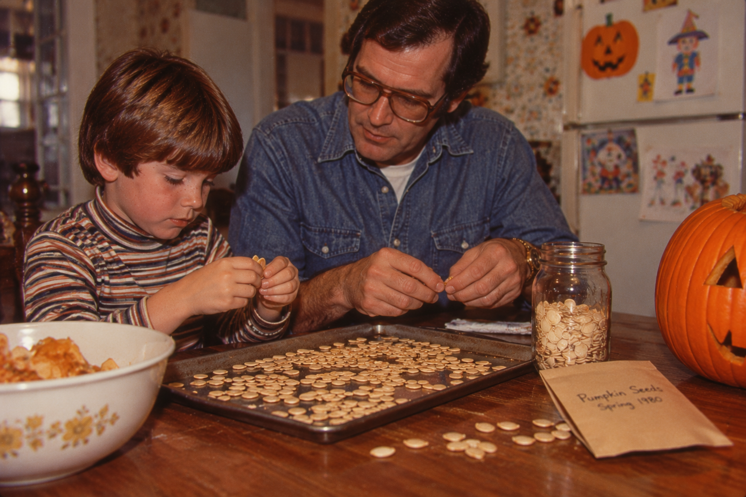 A man and a young boy sitting at a table separating seeds from a carved pumpkin onto a baking sheet.