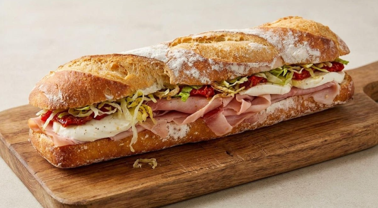 A baguette sandwich filled with thinly sliced ham, fresh mozzarella, sun-dried tomatoes, and shredded lettuce on a wooden cutting board, representing restaurants across the USA known for next-level hoagies.