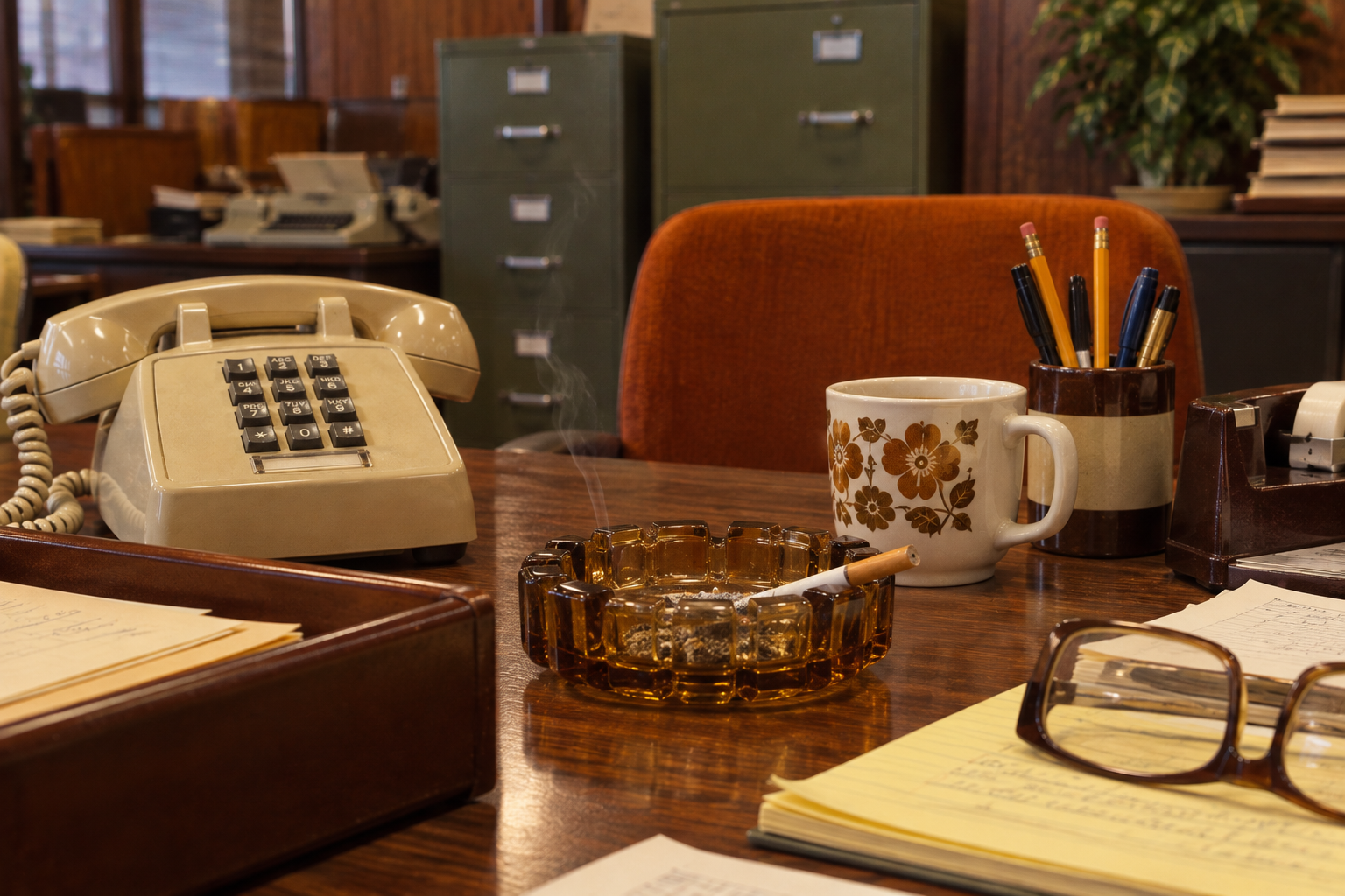 A retro office desk featuring a beige rotary phone, a smoking cigarette in an amber glass ashtray, a floral coffee mug, and a yellow notepad with eyeglasses.