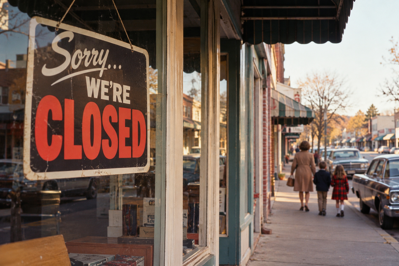 A “Sorry... We’re Closed” sign hangs in a storefront window on a sidewalk where a woman and two children are walking away.