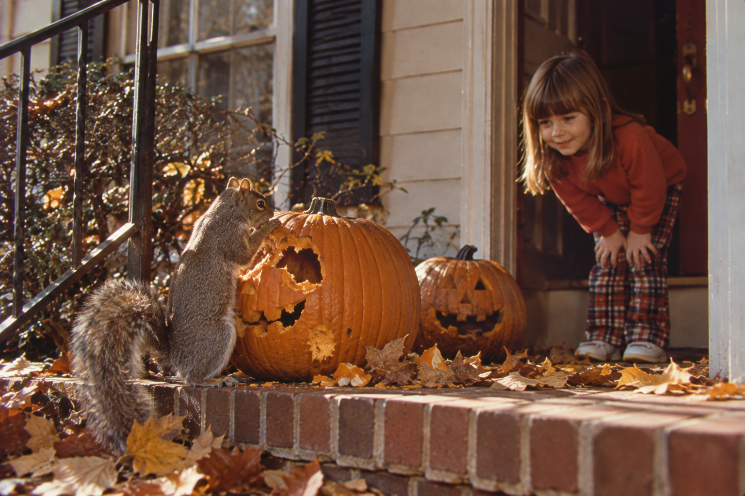 A young girl watches a squirrel nibbling on a carved jack-o’-lantern on a porch.