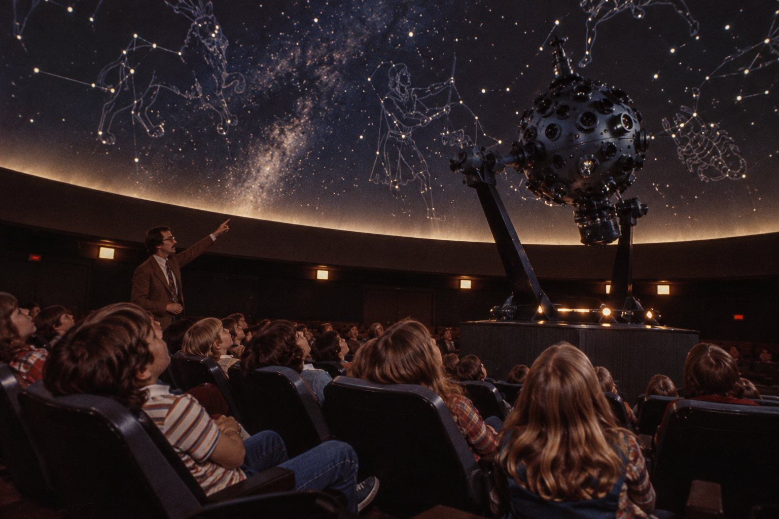 A lecturer points to constellations projected onto a planetarium dome above an audience seated around a star projector.