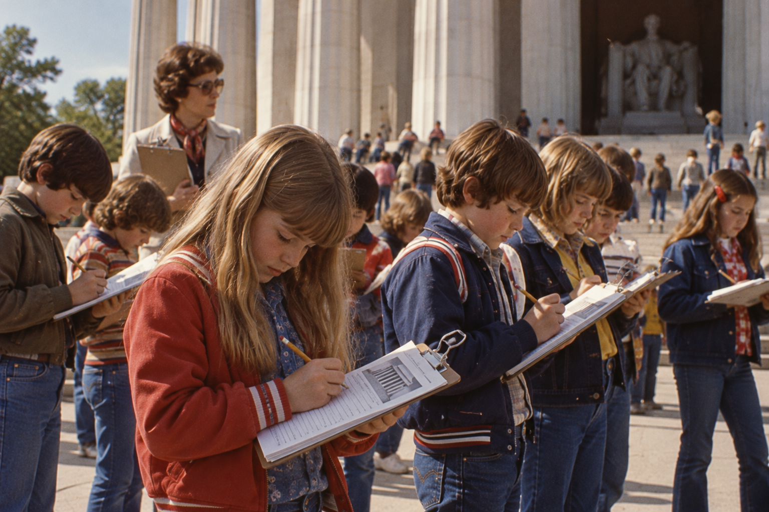 A group of students stands in front of the Lincoln Memorial, using clipboards to take notes while an adult supervisor looks on.