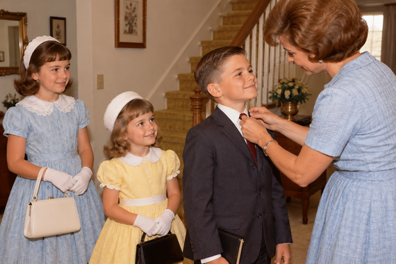 A woman in a blue dress adjusts a boy’s tie, while two young girls in formal dresses and hats watch nearby.