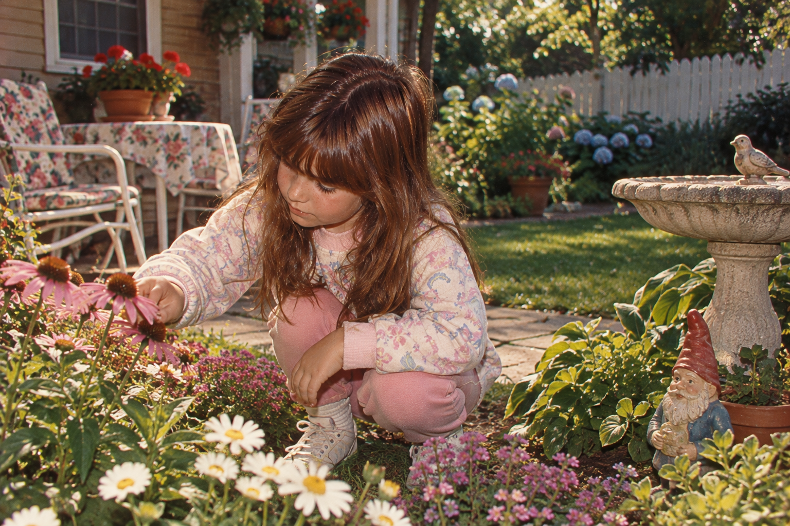 A young girl crouching in a garden touches a purple coneflower near a birdbath and a gnome statue.