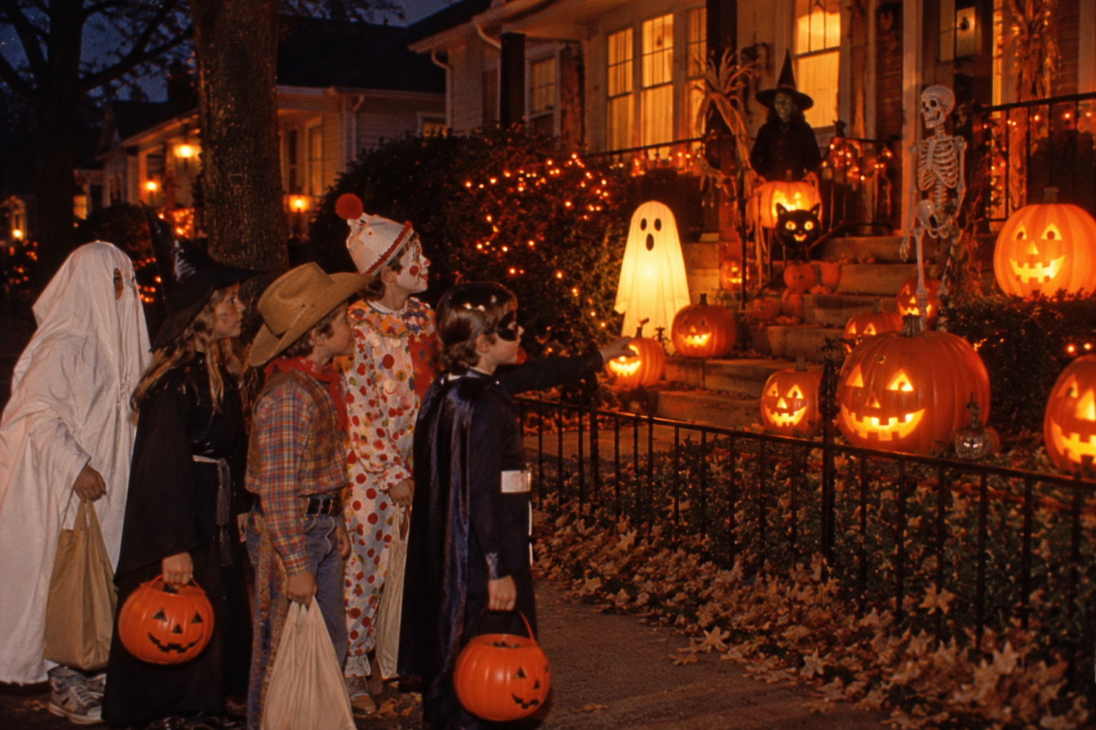 Five children in Halloween costumes stand on a sidewalk looking at a porch decorated with glowing jack-o’-lanterns, a ghost, and a skeleton.