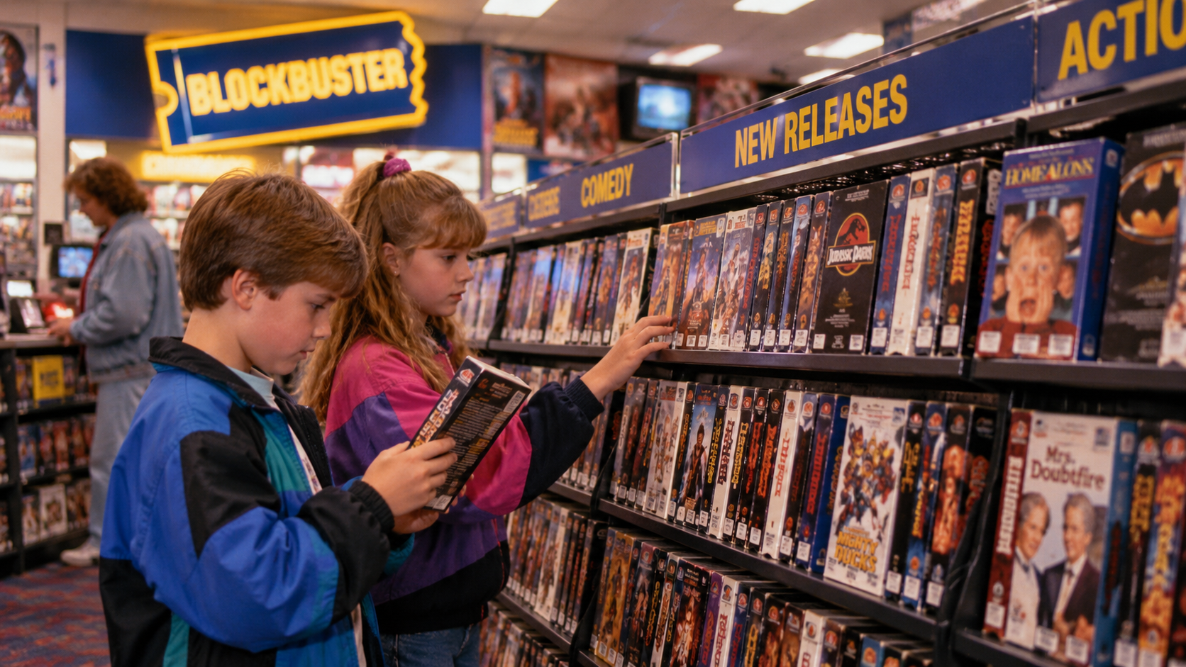 A boy and a girl browsing VHS tapes at a Blockbuster video store.