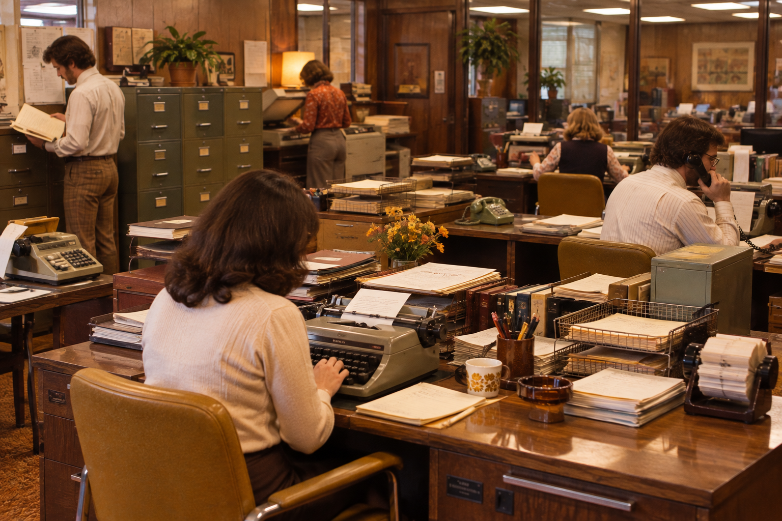 People working in a vintage office with wooden desks, typewriters, and stacks of paper.