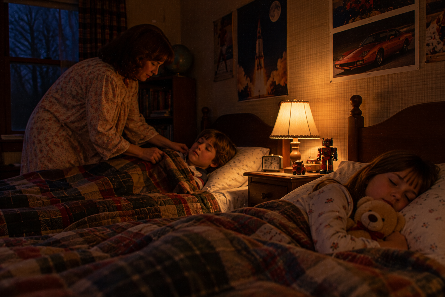 A woman tucks a boy into bed while a girl sleeps in an adjacent bed clutching a teddy bear during family activities during power outages. Family activities during power outages.