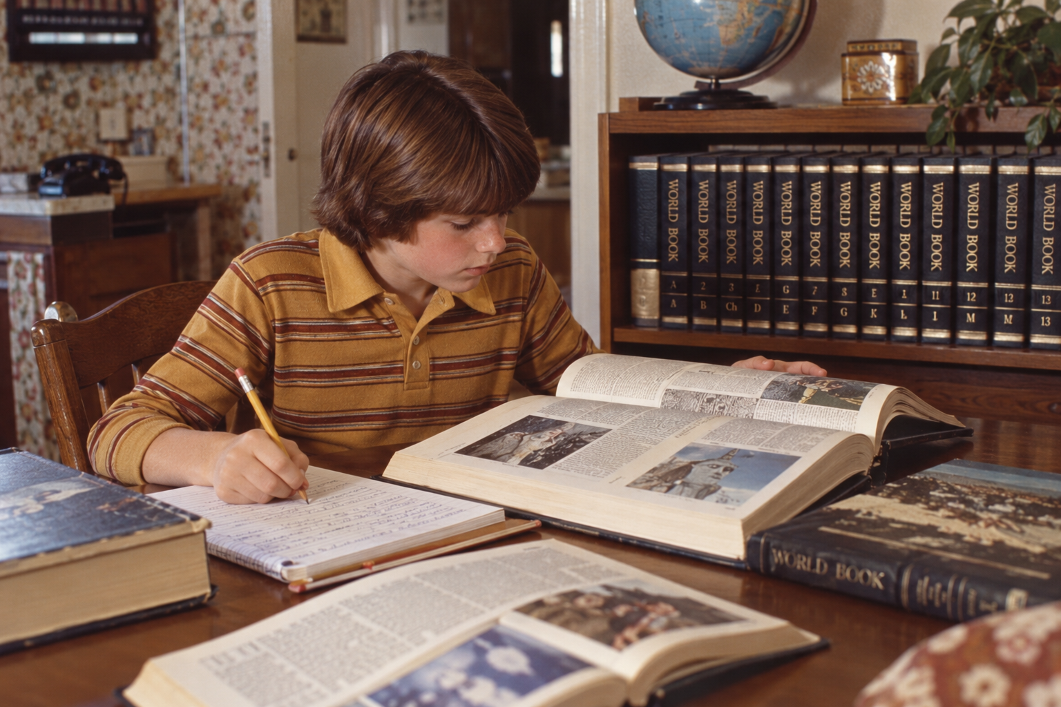 A young student in a striped polo shirt studies with open encyclopedias and writes in a notebook at a desk.