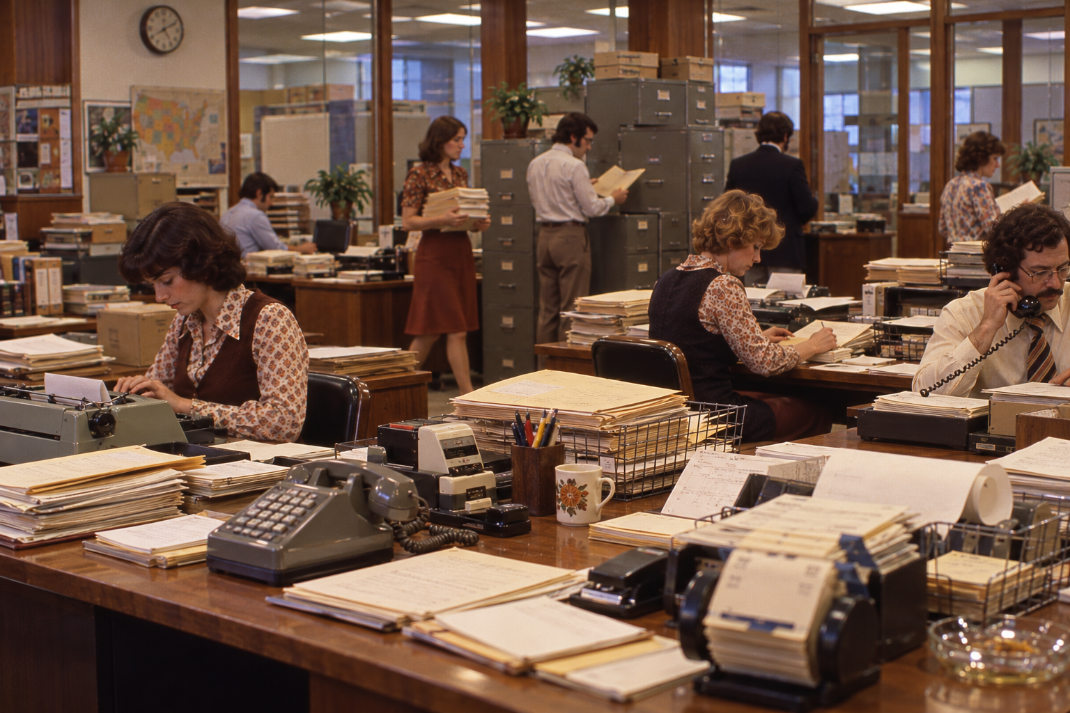 Office employees work at desks cluttered with paper files, typewriters, and rotary telephones in a busy office with filing cabinets.