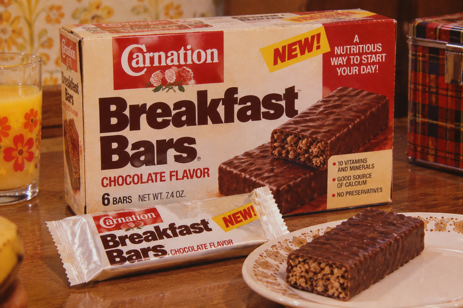 A box of Carnation Breakfast Bars, chocolate flavor, sits on a table with one unwrapped bar on a plate. Orange juice and a plaid tin are also visible in the background.