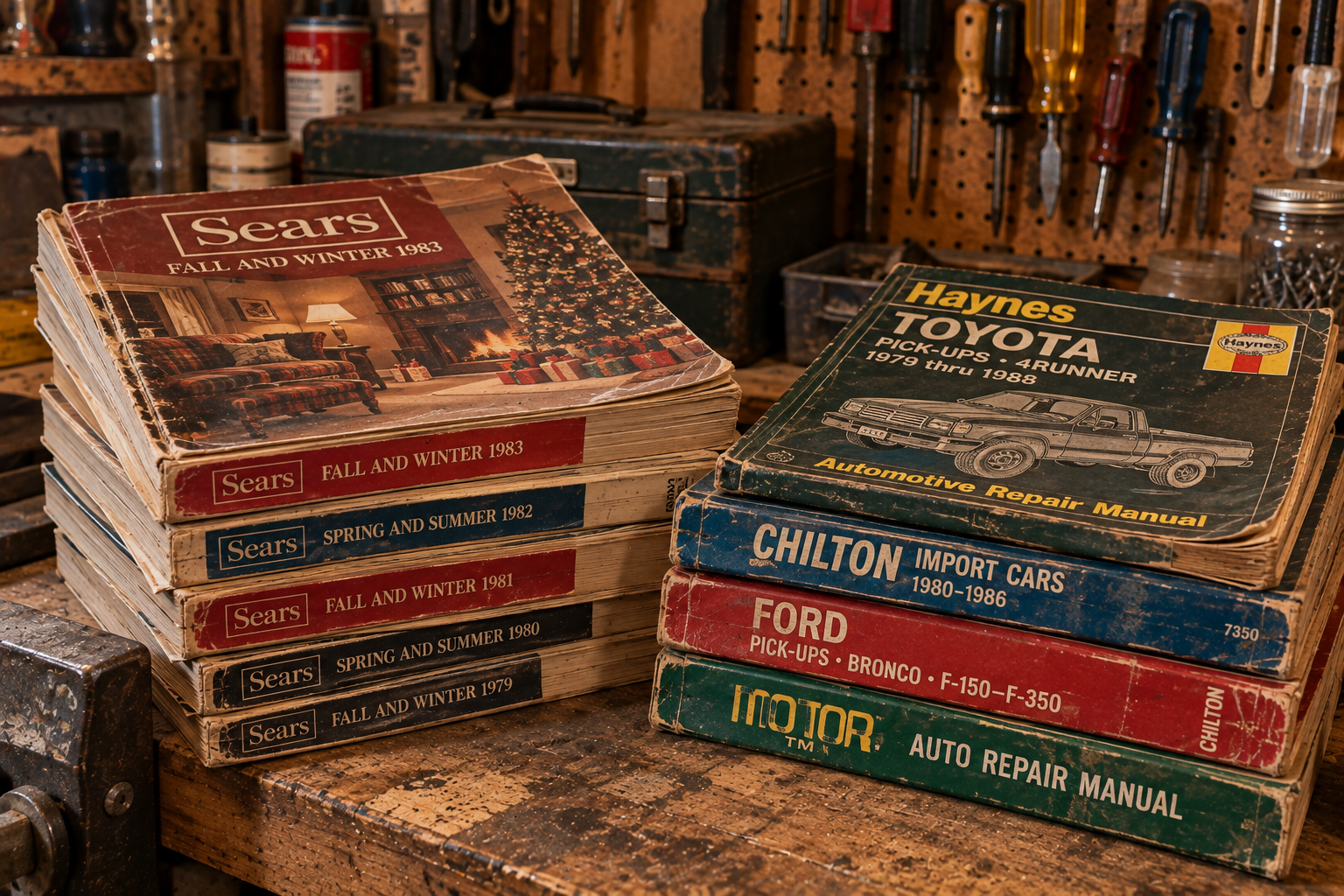 Two stacks of vintage repair manuals and Sears catalogs resting on a wooden workbench.