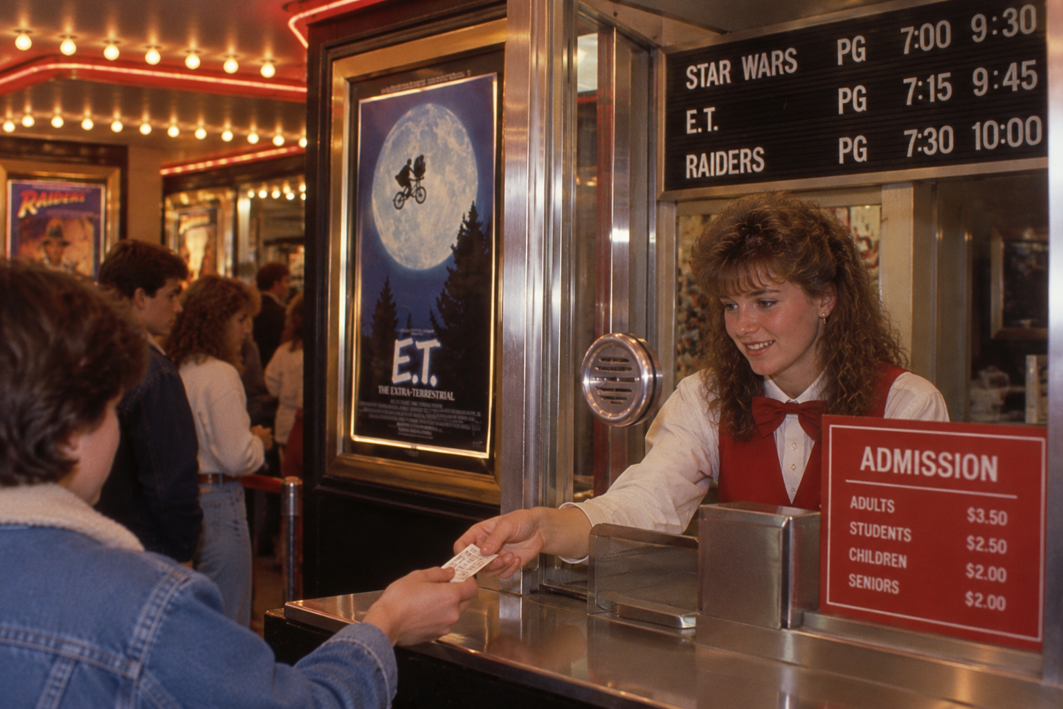 A movie theater ticket agent in a red vest hands a ticket to a customer at a window, with an E.T. movie poster and a digital showtime display visible behind her.