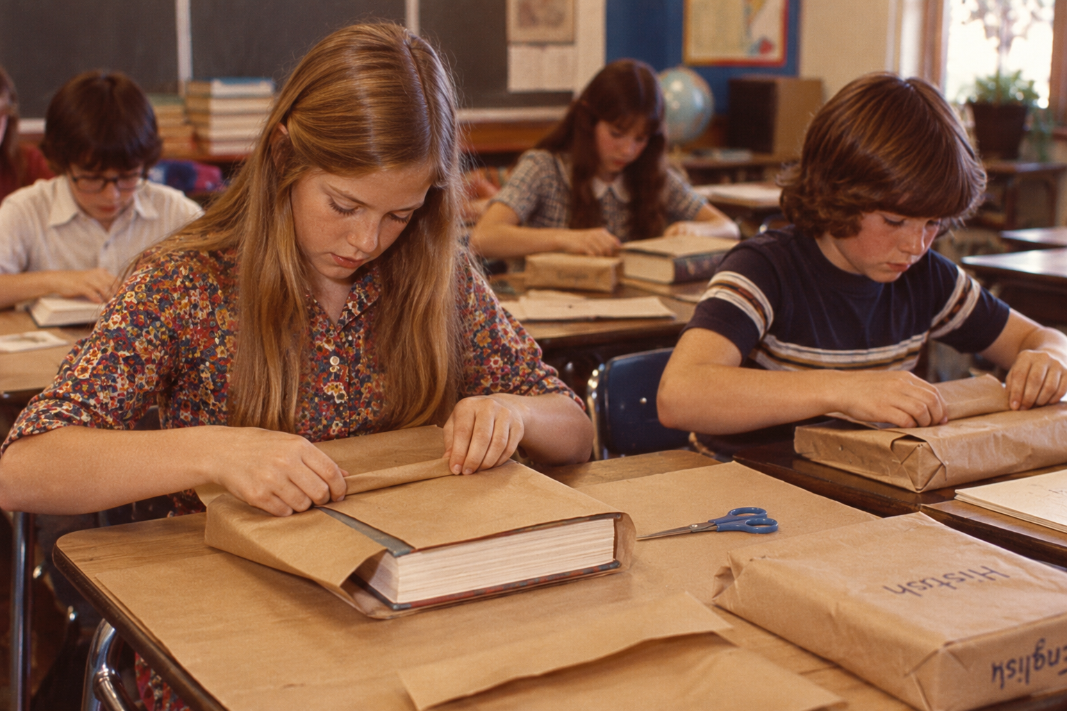 Students at desks in a classroom wrap their textbooks in brown paper covers.