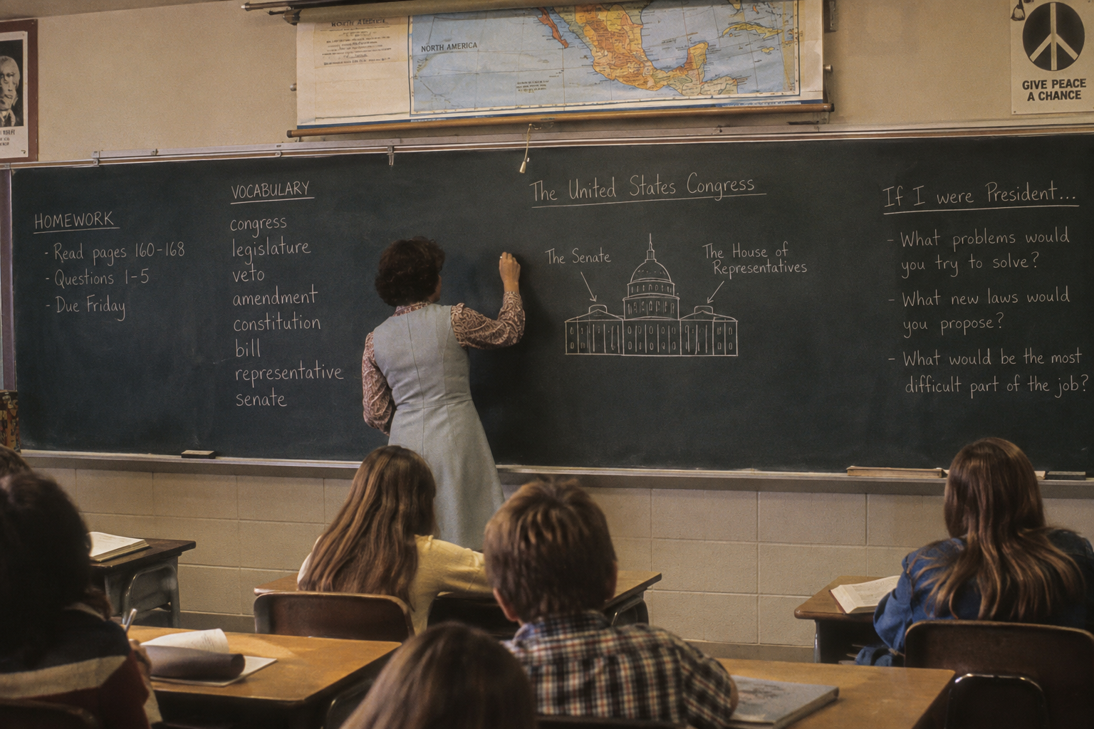 A teacher writes on a chalkboard about Congress as students watch. The board lists homework, vocabulary, and questions about being President. A map and a donation poster are on the wall.