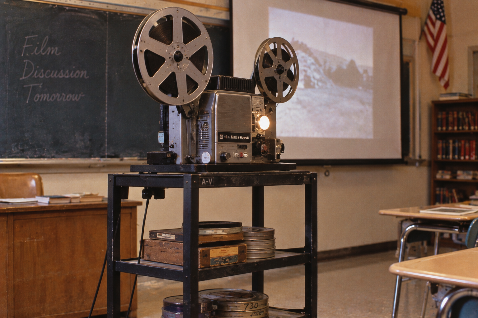 A vintage film projector sits on a cart in a classroom, projecting a black-and-white image. The chalkboard reads “Film Discussion Tomorrow.” An American flag and desks are visible in the background.