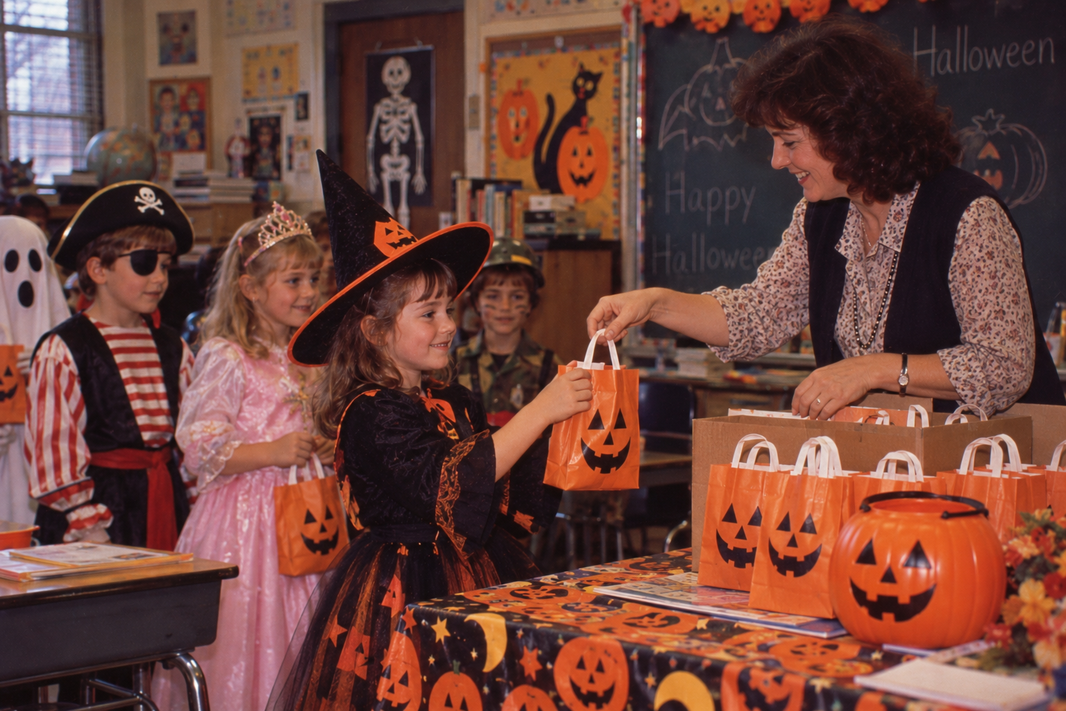A teacher hands a small orange jack-o’-lantern gift bag to a young girl in a witch costume in a classroom decorated for Halloween.