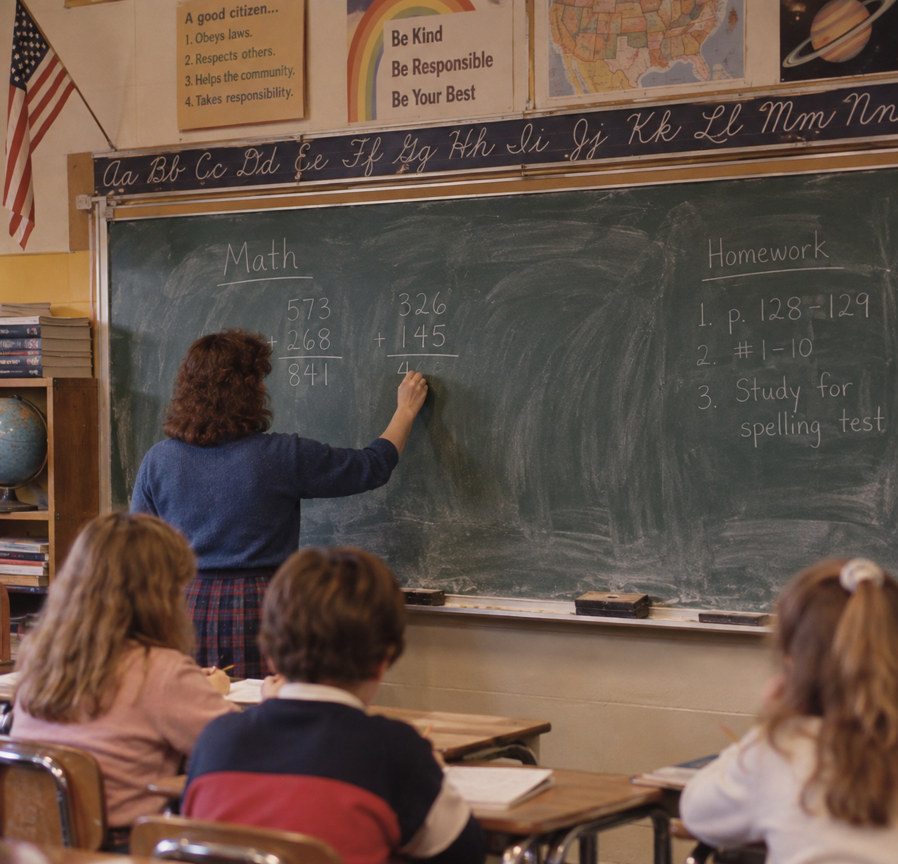 A teacher writes math problems on a chalkboard in front of a classroom of students.